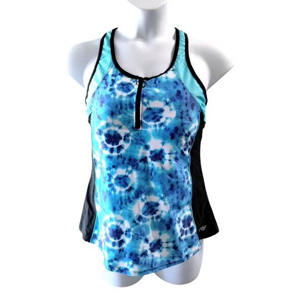 Angel Season Womens Plus Size Zipper Tankini Top Racerback Blue Tie-Dye Size XL - Picture 2 of 10